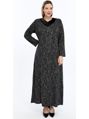 Likapa Büyük Beden Siyah Bej Melanj Desenli Uzun Kollu Maxi Elbise