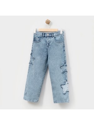 Kız Çocuk 5-6-7-8 Yaş Yıldız Detaylı Kot Pantolon Açık Mavi Renk