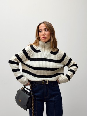 Maldia Shop Kadın Ola Fermuarlı Dik Yaka Çizgili Triko Kazak