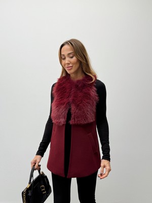Maldia Shop Kadın Kürk Detaylı Kaşe Bordo Yelek