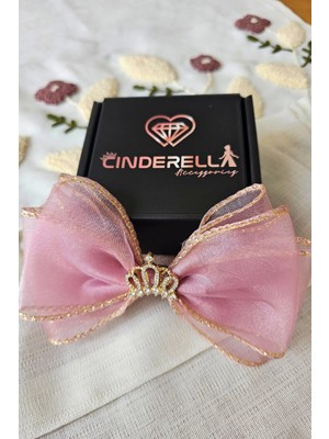 Cinderella Zirkon Taşlı Gold Detaylı Kız Çocuk Pembe Prenses Tacı Pens Toka - Parti Doğum Günü Saç Tokası
