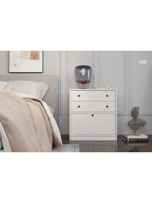 Nettrends Iki Çekmeceli Kapaklı Beyaz Komodin Çıtasız KMD-1045-Ç