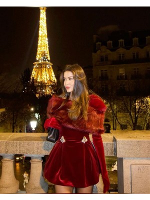 Bordo Kadife Kürklü Gece Elbisesi