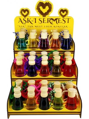 Aşk-ı Sermest Toptan Sarı Ahşap Standlı 90 Adet 8 ML Çikolata & Hindistan Cevizi Kokulu Oto Kokusu Araç Araba Parfümü
