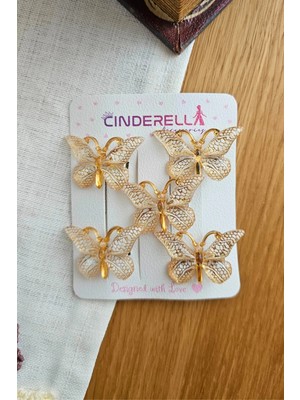 Cinderella 5'li Beyaz Gold Detaylı Silikon Dolgu Kanatlı Kelebek Toka Seti - Kelebekli Mini Pens Saç Tokası