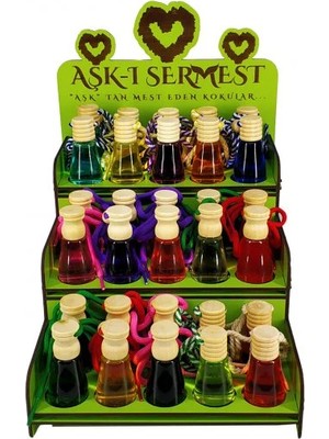 Aşk-ı Sermest Toptan Yeşil Ahşap Standlı 120 Adet 12 ML Çikolata Kokulu Oto Kokusu Araç Araba Parfümü
