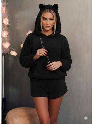 ModaSize Kadın Uzun Kollu Kapşonlu Peluş Bluz ve Kısa Short Ikili Takım