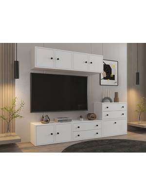 Nettrends Modüler Tv Ünitesi – 4 Kapaklı Üst Blok + Alçak Dolap & Çekmeceler (Tv Ünitesi, BEYAZ)-NRG-TVT-1014
