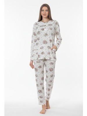 5.Mevsim Anne Pijama Takımımız Uzun Kollu Önden Düğmeli Pamuklu Çiçek Desenliyle
