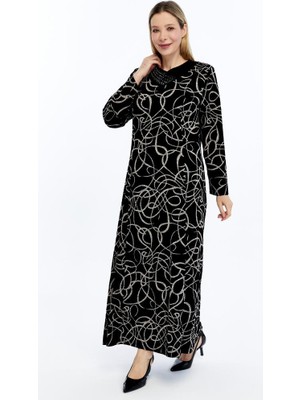 Likapa Büyük Beden Siyah Gri Sarmaşık Desenli V Yaka Uzun Kollu Maxi Elbise