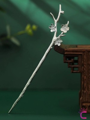 Cinderella Dal Tasarım Çiçekli Japon Topuz Tokası 18CM Gümüş Renk - Vintage Kadın Metal Saç Çubuk Topuz Tokası