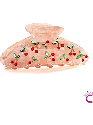 Cinderella Zarif Taş Kiraz Işlemeli Pembe Mandal Toka 9cm - Akrilik Dayanıklı Kirazlı Mandallı Saç Tokası