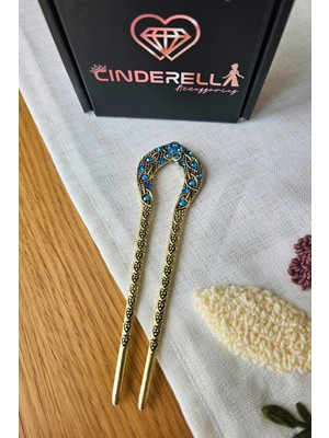 Cinderella Japon Çin Tarzı Mavi Taş Işlemeli Topuz Tokası 12.5cm - Vintage Retro Topuz Çubuğu Metal Çubuk Toka