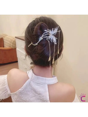 Cinderella Vintage Sallantılı Mavi Taşlı Kıstırmalı Metal Topuz Tokası Gold 13CM - Düğün Gelin Nikah Aksesuarı