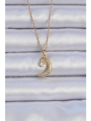 Stainles Steel 316L Çelik Zincir Altın Renk Zirkon Taşlı Sallantılı Ay Yıldız Kolye