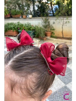 Cinderella 2'li Bordo Kırmızı Kurdele Fiyonk Pens Toka Seti 9cm- 23 Nisan 29 Ekim Cumhuriyet Bayramı Saç Tokası