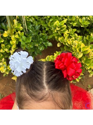 Cinderella 2'li Kırmızı Beyaz Kurdele Çiçekli 23 Nisan Lastikli Topuz Tokası 7cm - 29 Ekim Bayramı Saç Tokası