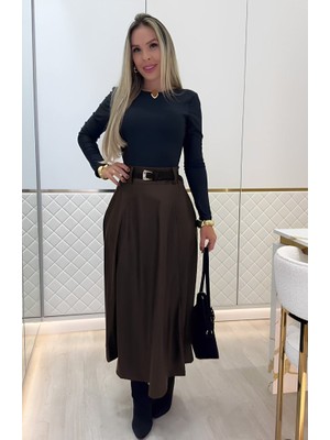 ModaSize Kadın Yüksek Belli Maxi Deri Kemersiz Etek