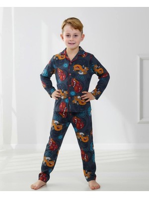 Ideal Sepet-Yeni Sezon Şimşek Mcqueen Desenli Uzun Kollu Önden Düğmeli Erkek Çocuk Pijama Takımı 4-12 Yaş
