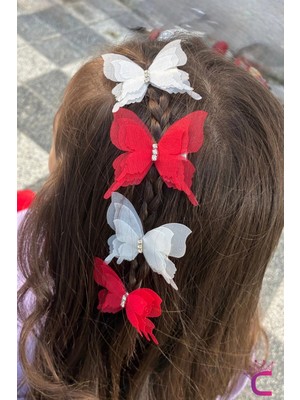 Cinderella 6'lı Kırmızı Beyaz Taşlı Hareketli Tül Kelebekli Pens Toka Seti 5cm- 23 Nisan 29 Ekim Bayramı Tokası