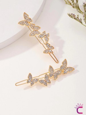 Cinderella 2'li Zirkon Taşlı Gold Kelebekli Kıstırmalı Yan Saç Tokası 6cm - Modern Topuz Tokası Klipsli Toka