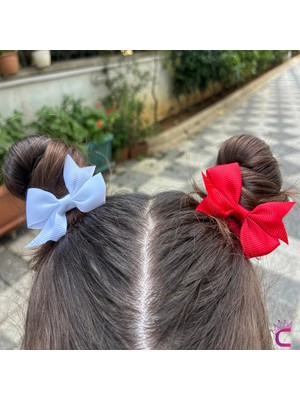 Cinderella 4'lü Kırmızı Beyaz Kurdeleli Fiyonklu Lastikli Çocuk Toka 5 cm - 23 Nisan 29 Ekim Bayramı Saç Tokası