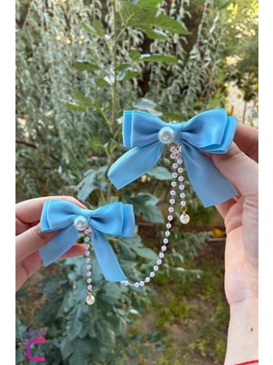 Cinderella 2'li Incili Sallantılı Bebek Mavi Fiyonk Pens Toka Seti - Şık Kız Çocuk Kurdeleli Klipsli Saç Tokası