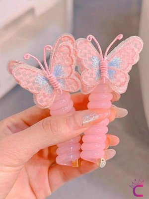 Cinderella 2'li Pembe Mavi Tül Kelebekli Yaylı Spiral Makarna Toka - Kız Çocuk At Kuyruğu Saç Tokası