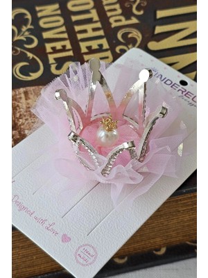 Cinderella Incili Kristal Taşlı Pembe Tüllü Kraliçe Prenses Kız Çocuk Tacı - Parti Doğum Günü Pens Saç Tokası