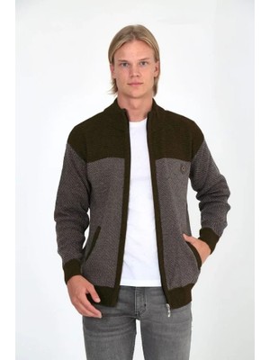 ModaSize Erkek Fermuarlı Triko Hırka Yüksek Yaka, Cepli, Günlük Şık Rahat Kalıp Triko - Kahverengi