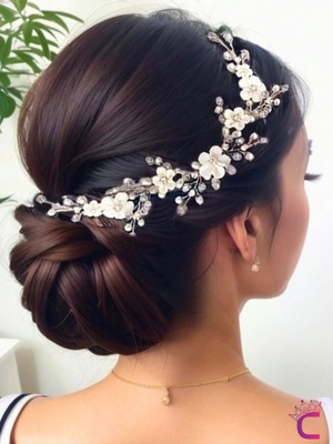 Cinderella Beyaz Çiçekli Incili Kristal Taşlı Gelin Tacı Saç Bandı Tokası Gümüş - Düğün Nikah Nişan Aksesuarı