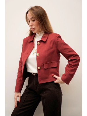 Maldia Shop Elan Gold Düğme Detaylı Süet Bordo Ceket