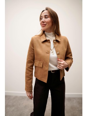 Maldia Shop Elan Gold Düğme Detaylı Süet Camel Ceket