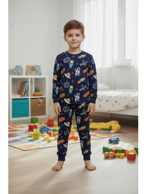 Bunny Hopp Uzay Temalı Erkek Çocuk Pijama Takımı %100 Pamuk Mevsimlik Bisiklet Yaka Manşetli