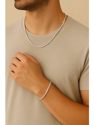 Siset Gümüş 925 Ayar Gerçek Gümüş  Sertifikalı  2,5 mm Ezme  Italyan Balık Sırtı Erkek Kolye-Bileklik Set