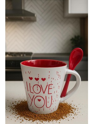 Buenos Buneos Porselen Kırmızı-Beyaz Renk Kaşıklı Kupa Bardağı-Kahve Kupası