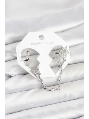 Skygo Pirinç Gümüş Renk Kelebek Model Zincir Bağlantılı Ear Cuff Küpe Seti - TJ-BKP11535