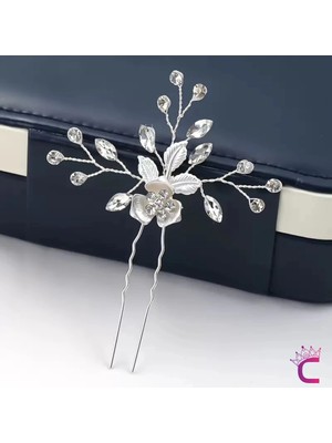 Cinderella Yapraklı Çiçekli Zirkon Taşlı Gelin Tacı Firkete Tokası Gümüş - Düğün Nikah Nişan Söz Saç Aksesuarı