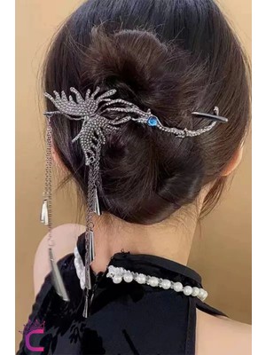 Cinderella Japon Çin Tarzı Sallantılı Mavi Taşlı Kıstırmalı Topuz Tokası Gümüş 13CM - Düğün Gelin Saç Aksesuarı