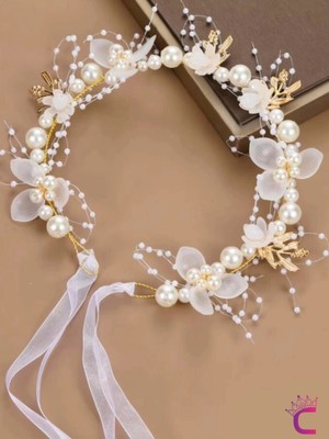 Cinderella Zarif Çiçekli Gold Yaprak Incili Saç Bandı Prenses Tacı Doğum Günü Düğün Kına Parti Mezuniyet