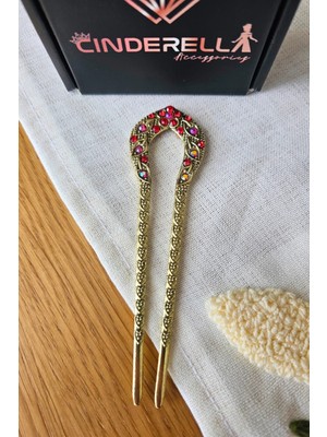 Cinderella Kırmızı Taş Işlemeli Gold Metal Japon Topuz Tokası 12.5cm - Zarif Şık Kalpli Çubuk Toka Topuz Çubuğu