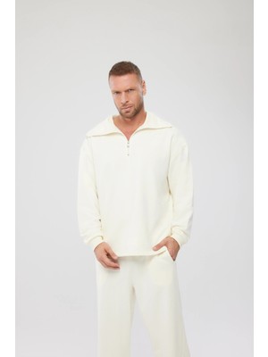 Fermuarlı Oversize Sweatshirt Ekru