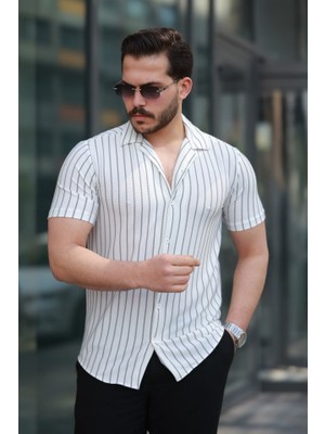 ModaSize Erkek Kısa Kollu Gri Çizgi Desenli Örme Kumaş Pamuklu Gömlek