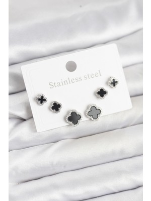 Skygo 316L Çelik Gümüş Renk Zirkon Taşlı Yonca Model Kadın Küpe Seti - TJ-BKP11587