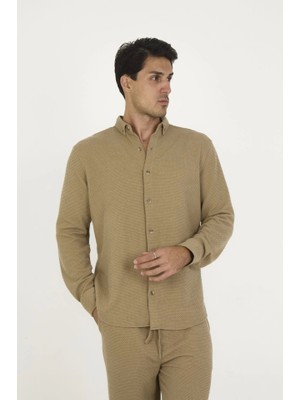 ModaSize Düğmeli Tam Kalıp Uzun Kol Jakar Gömlek - Kahverengi