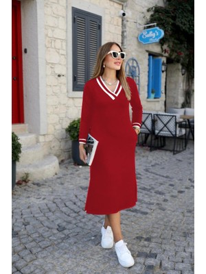 ModaSize Kadın Uzun Kollu V Yakalı Yandan Yırtmaçlı Iki Iplik Midi Elbise