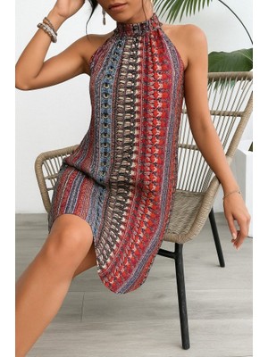 ModaSize Kadın Kolsuz Boyundan Askılı Desenli Midi Süprem Elbise