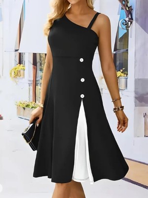 ModaSize Kadın Tek Omuzu Şerit Detaylı Sıfır Kol Yandan Düğme Detaylı Janjan Krep Elbise