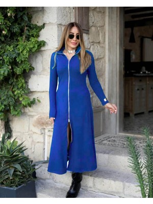 ModaSize Kadın Uzun Kollu Önden Fermuarlı Ithal Krep Elbise