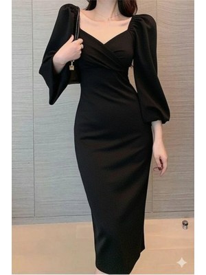 ModaSize Kadın Uzun Kollu Kalp Yakalı Midi Ithal Krep Elbise